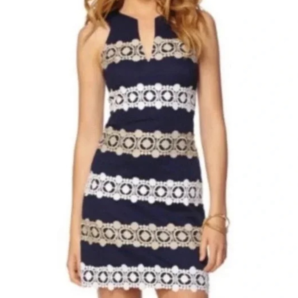 Lilly Pulitzer “Augusta” Navy White Gold Shift Dress | Size 0